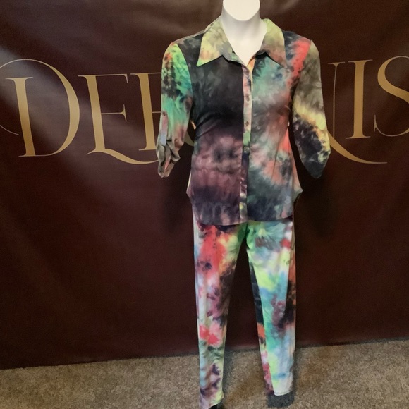 Women's Lemon & Lime Tie Dye Print Button Down Shirt & Skinny Leggings Set - Picture 6 of 8